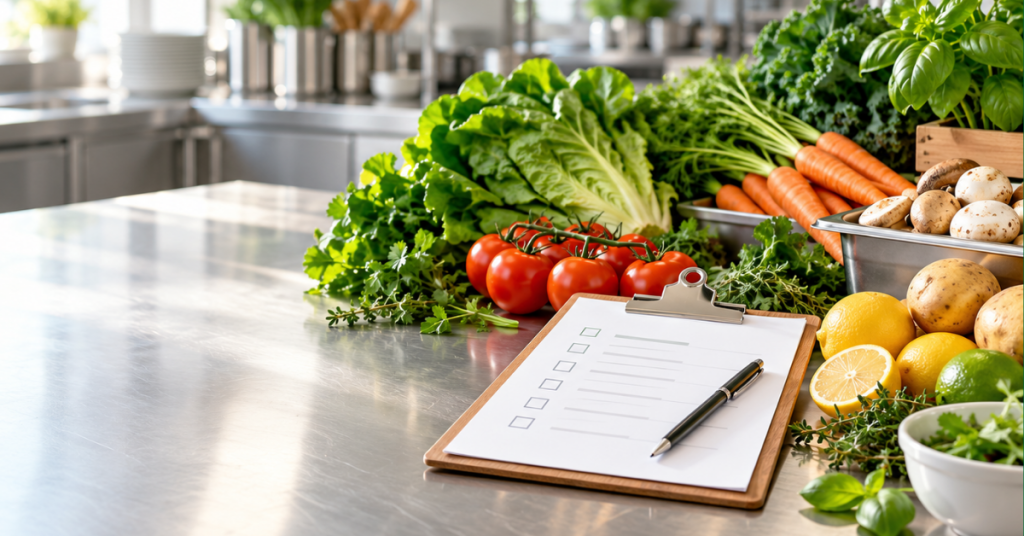 Fresh produce ordering checklist with clipboard and assorted vegetables on a clean commercial kitchen prep bench.