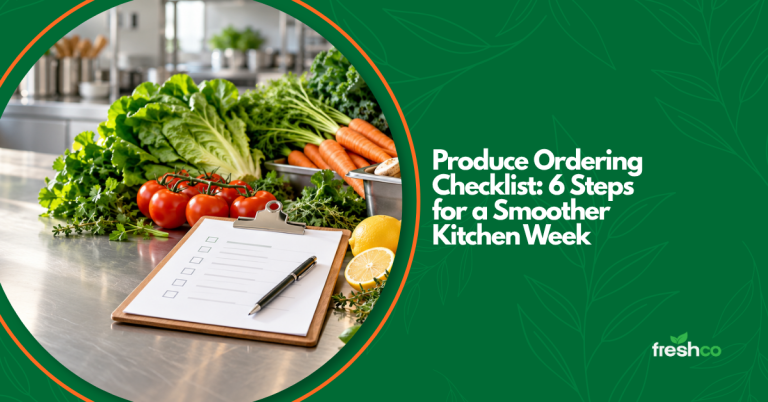 Fresh produce ordering checklist with clipboard and assorted vegetables on a clean commercial kitchen prep bench.