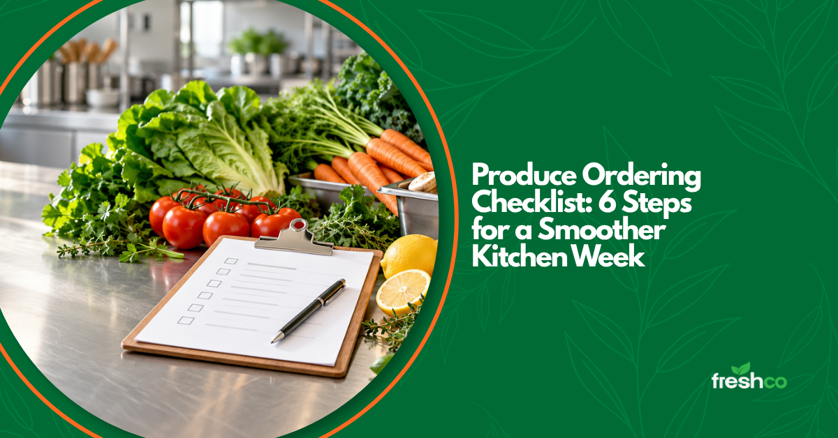 Fresh produce ordering checklist with clipboard and assorted vegetables on a clean commercial kitchen prep bench.